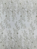 3D Rhinestone Flower Design - Off-White - Flower Sequins  Embroidered Lace Fabric By Yard