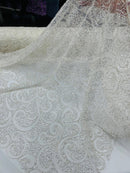 Swirl Design Bead Fabric - Off-White - Beaded Swirl Design with Sequins on Mesh Lace by Yard