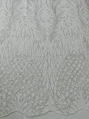 Beaded Embroidered Fabric - Off-White - Embroidered Heart and Feather Pattern Fabric Sold By Yard