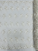 3D Flower Pearl Design - Off-White - Embroidered Sequins Floral Clusters Lace Fabric By Yard