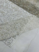 Floral Leaf Bead Fabric - Off-White - Leaf Design Shiny Beads and Sequins on Lace Mesh by Yard