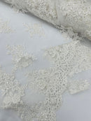 Floral Damask Bead Fabric - Off-White - Embroidered Floral Clusters with Beads / Sequins by Yard
