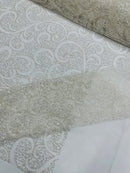 Swirl Design Bead Fabric - Off-White - Beaded Swirl Design with Sequins on Mesh Lace by Yard