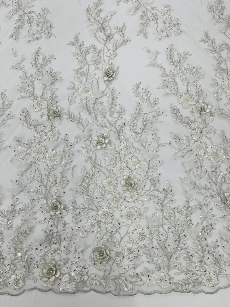 3D Rhinestone Flower Design - Off-White - Flower Sequins  Embroidered Lace Fabric By Yard