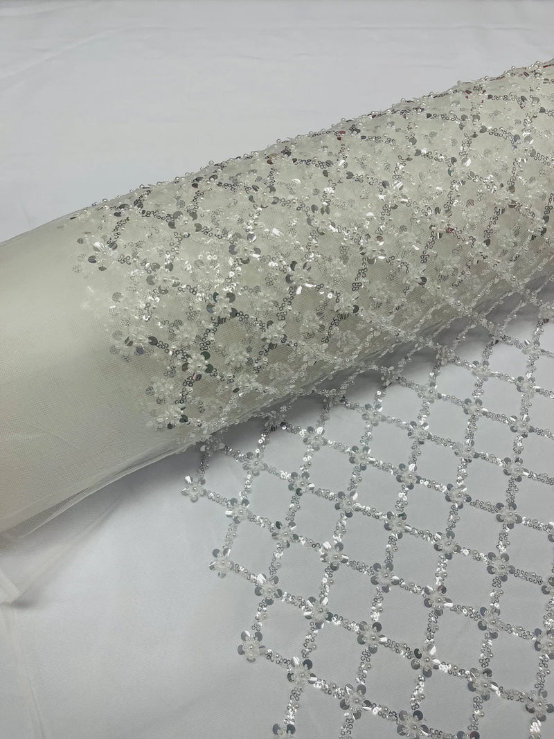 Diamond Net Bead Fabric - Off-White - Geometric Embroidery Beaded Sequins Fabric Sold By The Yard