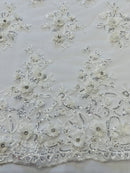 3D Floral Fabric - Off-White - Embroidered Flower with Rhinestone and Sequins Fabric Sold By Yard