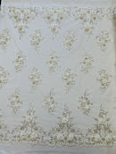 3D Rhinestone Flower Fabric - Off-White - 3D Flower Beaded Clusters with Sequins and Rhinestones By Yard