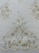3D Rhinestone Flower Fabric - Off-White - 3D Flower Beaded Clusters with Sequins and Rhinestones By Yard