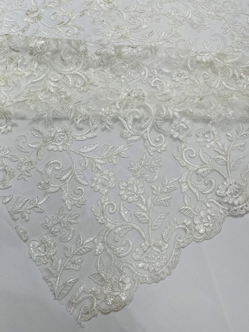 Floral Sequins Corded Fabric - Off-White - Lace Sequins Fabric in Floral Pattern Sold By Yard
