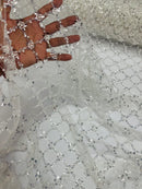 Diamond Net Bead Fabric - Off-White - Geometric Embroidery Beaded Sequins Fabric Sold By The Yard