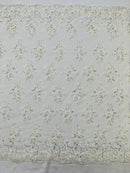 3D Floral Fabric - Off-White - Embroidered Flower with Rhinestone and Sequins Fabric Sold By Yard