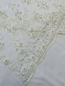 3D Floral Fabric - Off-White - Embroidered Flower with Rhinestone and Sequins Fabric Sold By Yard