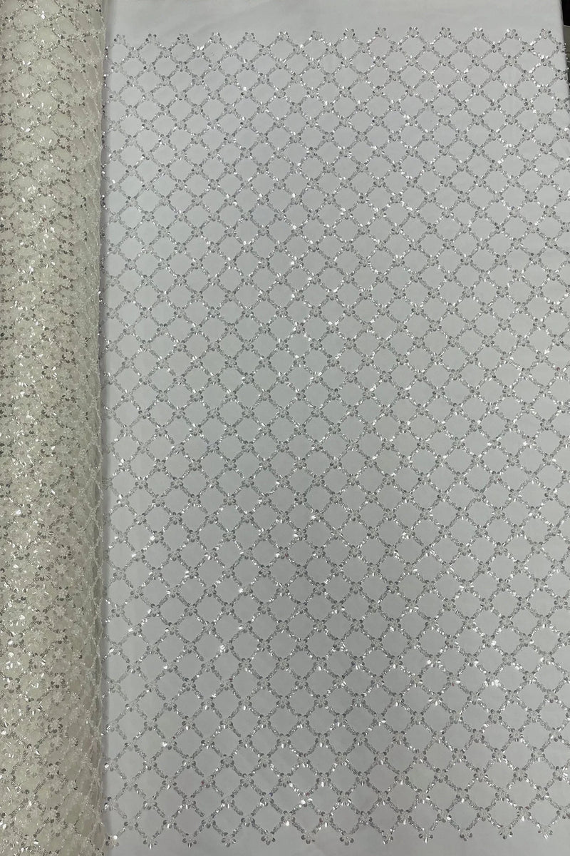 Diamond Net Bead Fabric - Off-White - Geometric Embroidery Beaded Sequins Fabric Sold By The Yard
