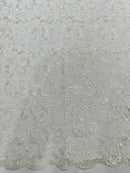 Floral Sequins Corded Fabric - Off-White - Lace Sequins Fabric in Floral Pattern Sold By Yard