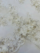 3D Rhinestone Flower Fabric - Off-White - 3D Flower Beaded Clusters with Sequins and Rhinestones By Yard