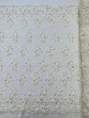 3D Floral Fabric - Off-White - Embroidered Flower with Rhinestone and Sequins Fabric Sold By Yard
