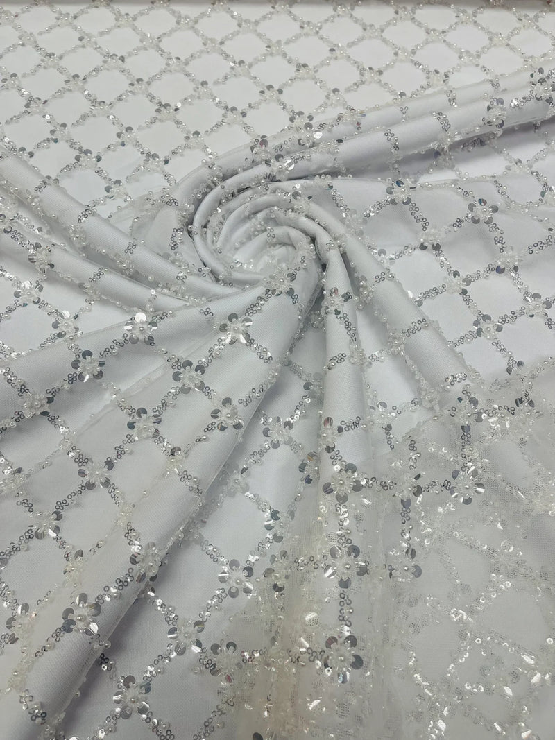 Diamond Net Bead Fabric - Off-White - Geometric Embroidery Beaded Sequins Fabric Sold By The Yard