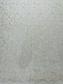 Floral Sequins Corded Fabric - Off-White - Lace Sequins Fabric in Floral Pattern Sold By Yard