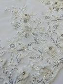 3D Floral Fabric - Off-White - Embroidered Flower with Rhinestone and Sequins Fabric Sold By Yard