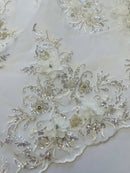 3D Rhinestone Flower Fabric - Off-White - 3D Flower Beaded Clusters with Sequins and Rhinestones By Yard