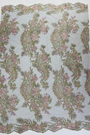Two Tone Lace Floral Fabric - Olive / Rose Pink - Flower and Fish Designs Corded on Sequins Lace By Yard