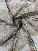 Two Tone Lace Floral Fabric - Olive / Rose Pink - Flower and Fish Designs Corded on Sequins Lace By Yard