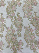 Two Tone Lace Floral Fabric - Olive / Rose Pink - Flower and Fish Designs Corded on Sequins Lace By Yard
