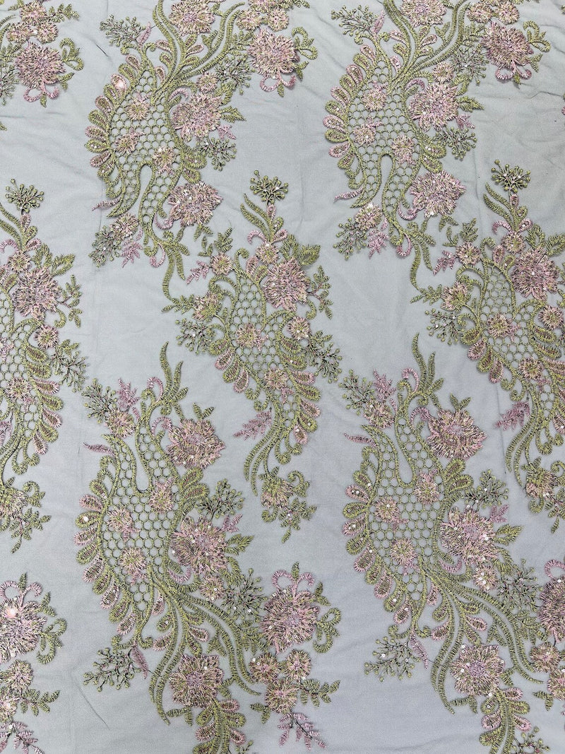 Two Tone Lace Floral Fabric - Olive / Rose Pink - Flower and Fish Designs Corded on Sequins Lace By Yard