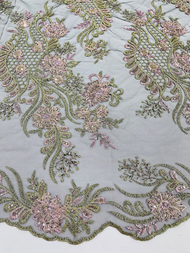 Two Tone Lace Floral Fabric - Olive / Rose Pink - Flower and Fish Designs Corded on Sequins Lace By Yard