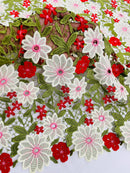 Multi-Color Guipure Lace Fabric - Olive Green/White/Red  - Floral Lace Fabric by The Yard