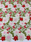 Multi-Color Guipure Lace Fabric - Olive Green/White/Red  - Floral Lace Fabric by The Yard