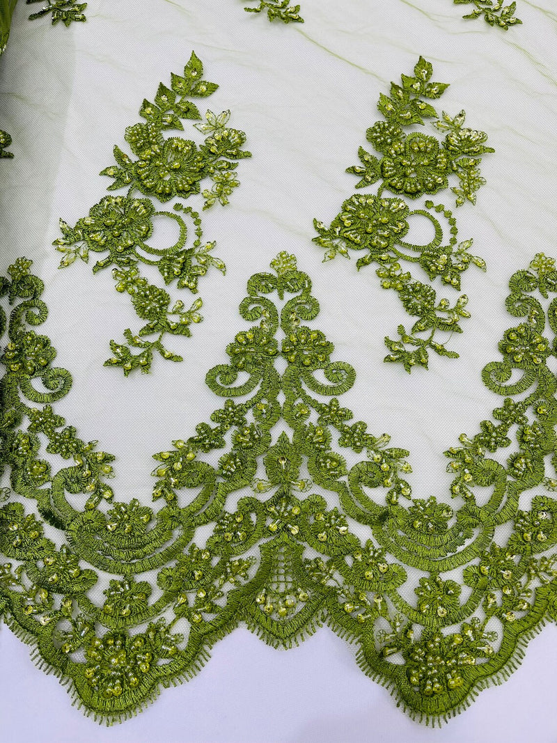 Floral Cluster Beaded Fabric - Olive - Embroidered Flower Beaded Fabric Sold By Yard