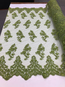Floral Cluster Beaded Fabric - Olive - Embroidered Flower Beaded Fabric Sold By Yard