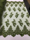Floral Cluster Beaded Fabric - Olive - Embroidered Flower Beaded Fabric Sold By Yard