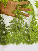 Flower 3D Corded Fabric - Olive Green - Lace Mesh Fabric Embroidered Floral Design by Yard