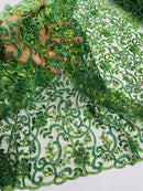 Embroidery Beaded Fabric - Olive Green - Beaded Floral Bridal Embroidery Fabric Sold by the yard