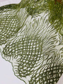 Beaded Embroidered Fabric - Olive Green - Embroidered Heart and Feather Pattern Fabric Sold By Yard