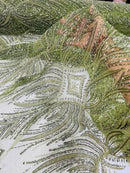 Beaded Line Fabric - Olive Green - Luxury Bridal Line Pattern Fabric With Beads, Sequins Sold By Yard