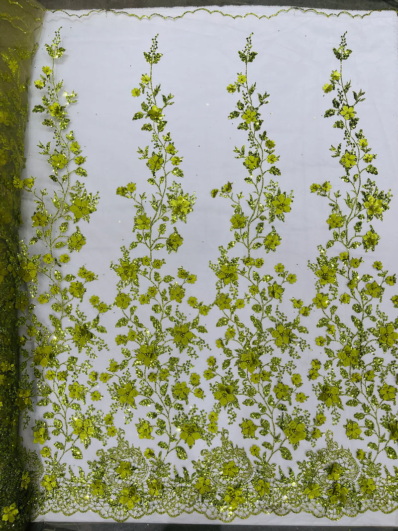 3D Glitter Floral Fabric - Olive Green - Glitter Sequin Flower Design on Lace Mesh Fabric by Yard
