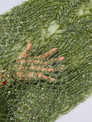 Beaded Embroidered Fabric - Olive Green - Embroidered Heart and Feather Pattern Fabric Sold By Yard