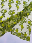 3D Floral Cluster with Border Lace - Olive Green - Flower with Leaves Design 3D Fabrics Sold By Yard