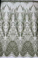 Beaded Embroidered Fabric - Olive Green - Embroidered Heart and Feather Pattern Fabric Sold By Yard