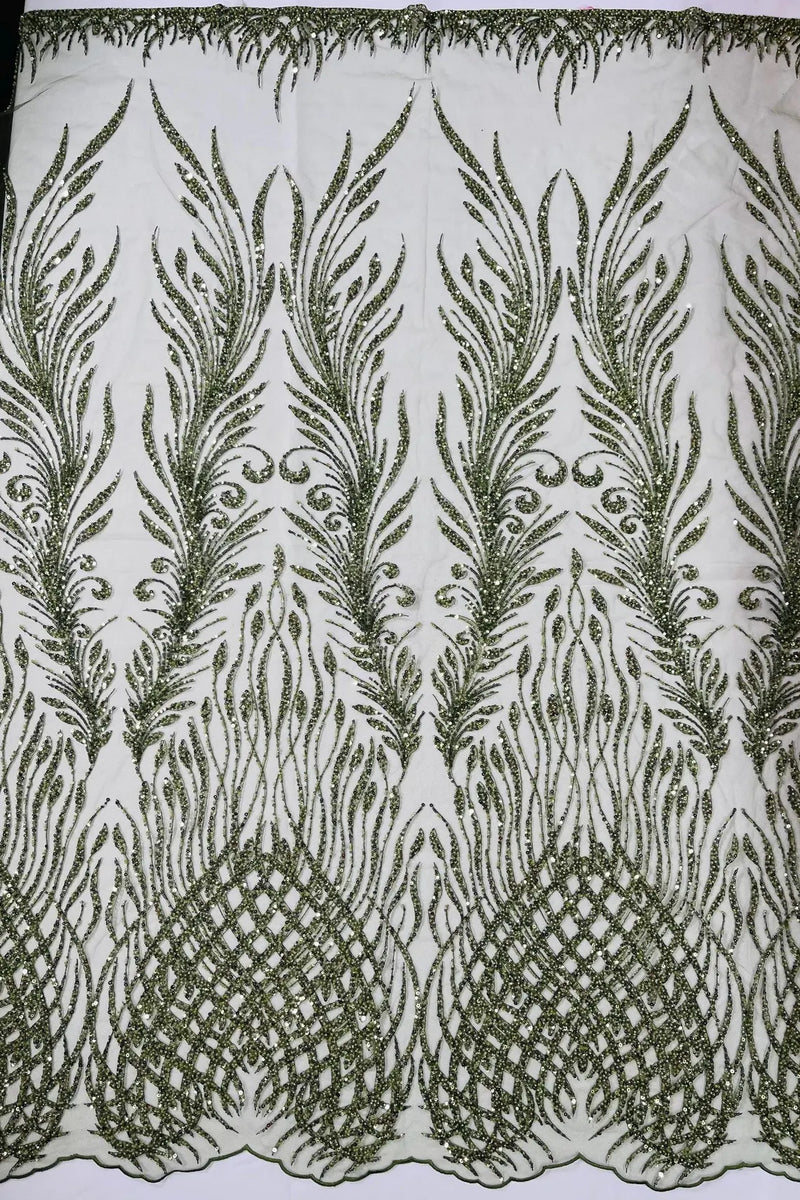 Beaded Embroidered Fabric - Olive Green - Embroidered Heart and Feather Pattern Fabric Sold By Yard