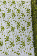 3D Floral Glitter Fabric - Olive Green - 3D Sequins and Glitter Floral Design on Mesh Sold By Yard