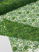 Embroidery Beaded Fabric - Olive Green - Beaded Floral Bridal Embroidery Fabric Sold by the yard