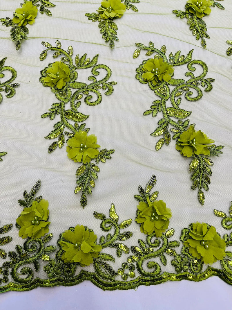 3D Floral Cluster with Border Lace - Olive Green - Flower with Leaves Design 3D Fabrics Sold By Yard