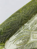 Beaded Line Fabric - Olive Green - Luxury Bridal Line Pattern Fabric With Beads, Sequins Sold By Yard