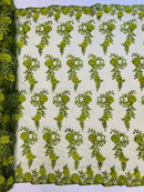 3D Floral Cluster with Border Lace - Olive Green - Flower with Leaves Design 3D Fabrics Sold By Yard