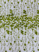 3D Glitter Floral Fabric - Olive Green - Floral Line Glitter Designs on Mesh Fabric Sold By Yard
