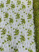 3D Floral Glitter Fabric - Olive Green - 3D Sequins and Glitter Floral Design on Mesh Sold By Yard